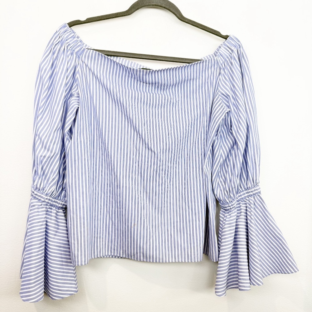 Alexis Blue and White Striped Off-Shoulder Bell Sleeve Blouse